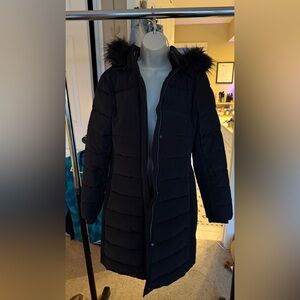 Express Black Long Hooded Puffer Coat with Black Faux Fur Trim
